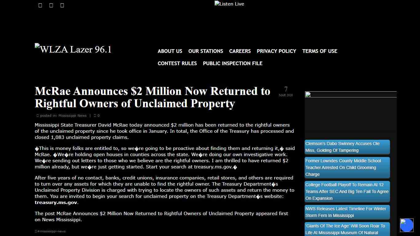 McRae Announces $2 Million Now Returned to Rightful Owners of Unclaimed Property – WLZA Lazer 96.1