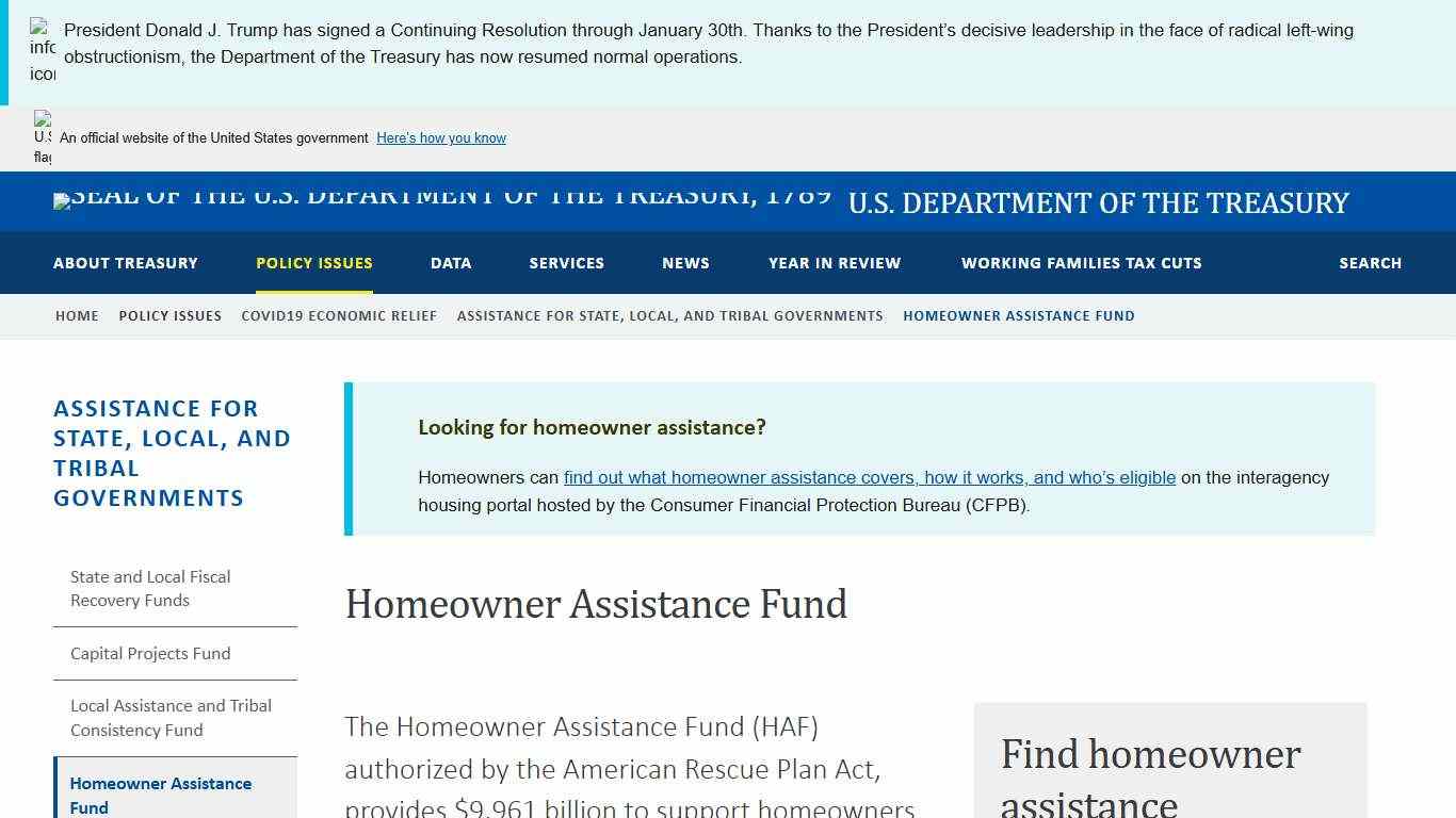 Homeowner Assistance Fund U.S. Department of the Treasury